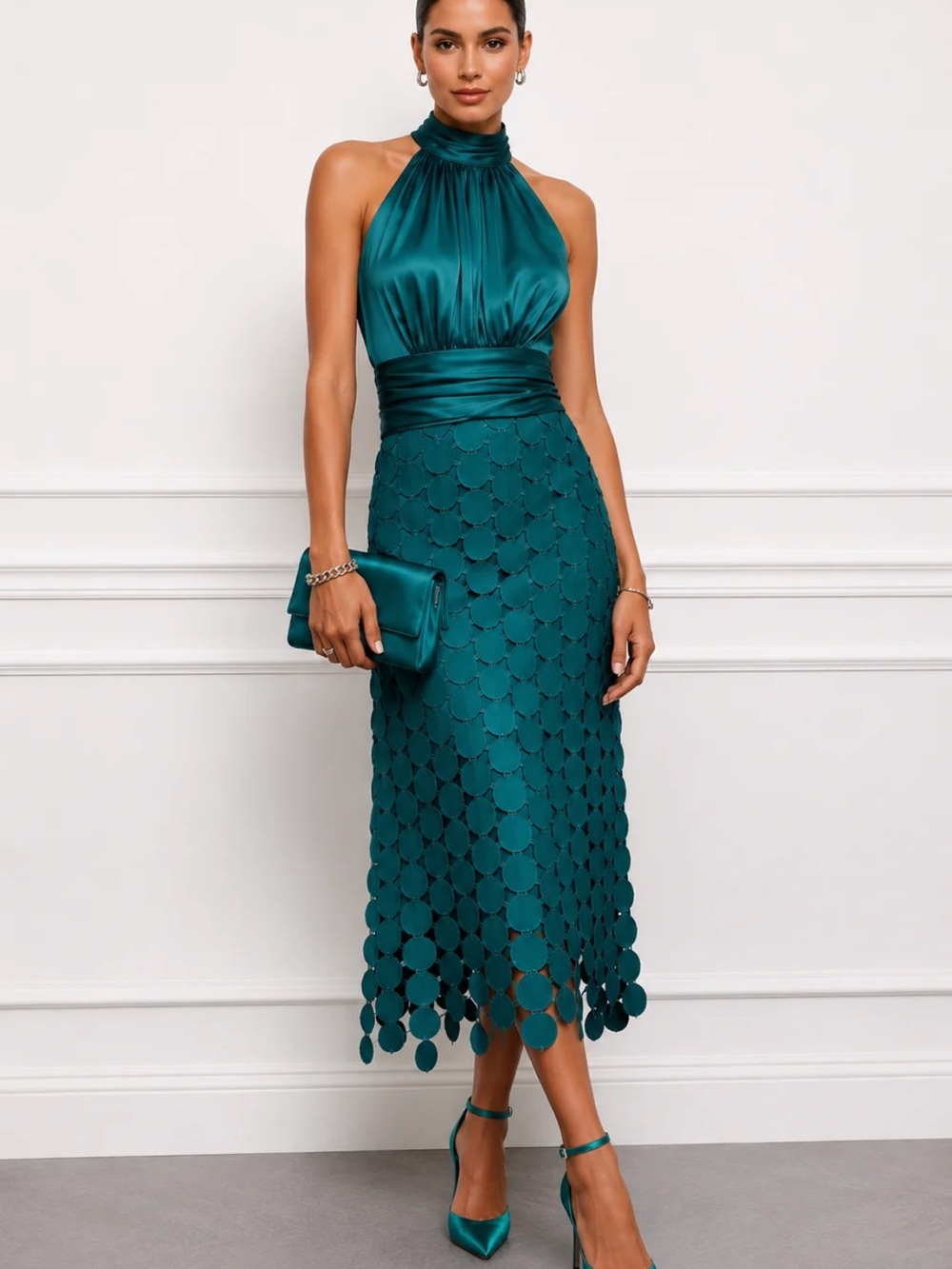 Elegant Teal Halter Midi Dress